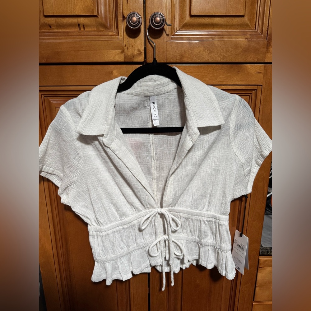RVCA White Smocked Tie-Front Crop Blouse